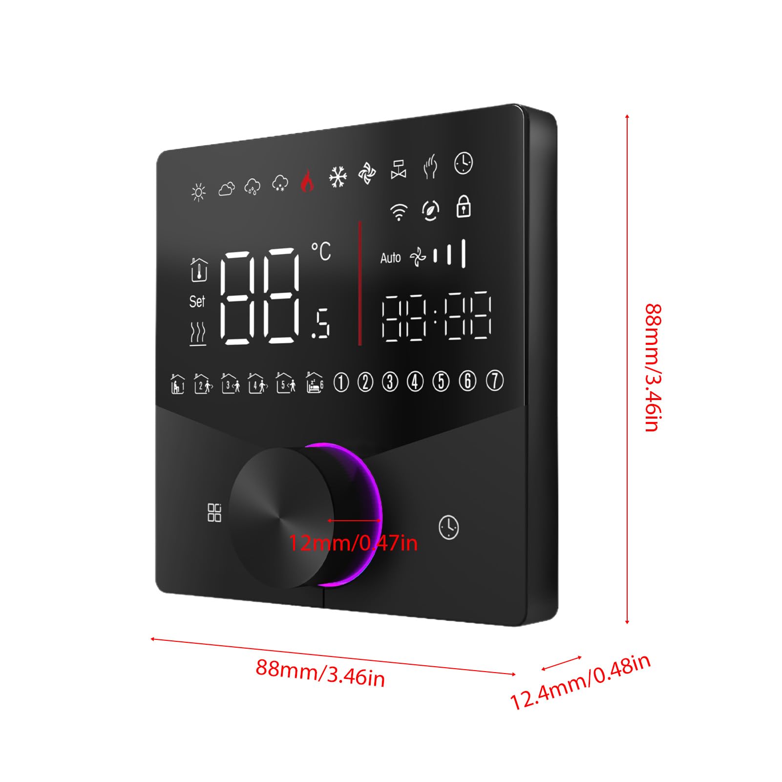 Termostato wireless Matter per riscaldamento elettrico a pavimento con controllo APP e assistente vocale Schermo touch digitale a LED colorato Manopola regolabile Controllo preciso della temper