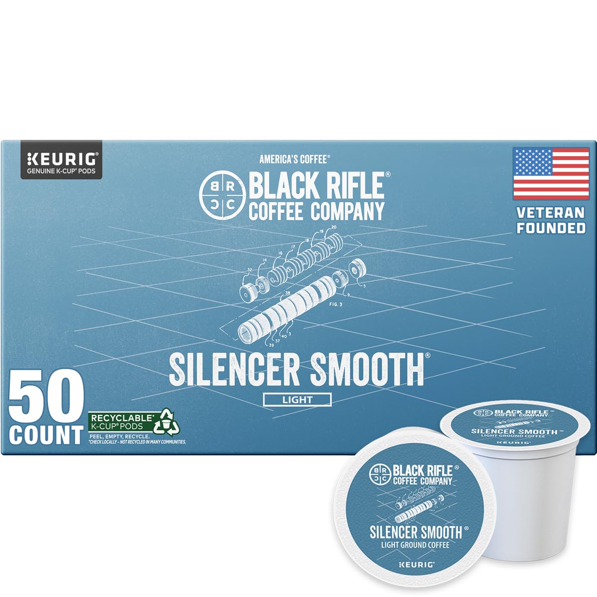 Black Rifle Coffee Company Silencer Smooth, 50 Count, Light Roast K Cups - Single Serve K Cups Coffee Pods - Kcup Pods Compatible with all Keurig