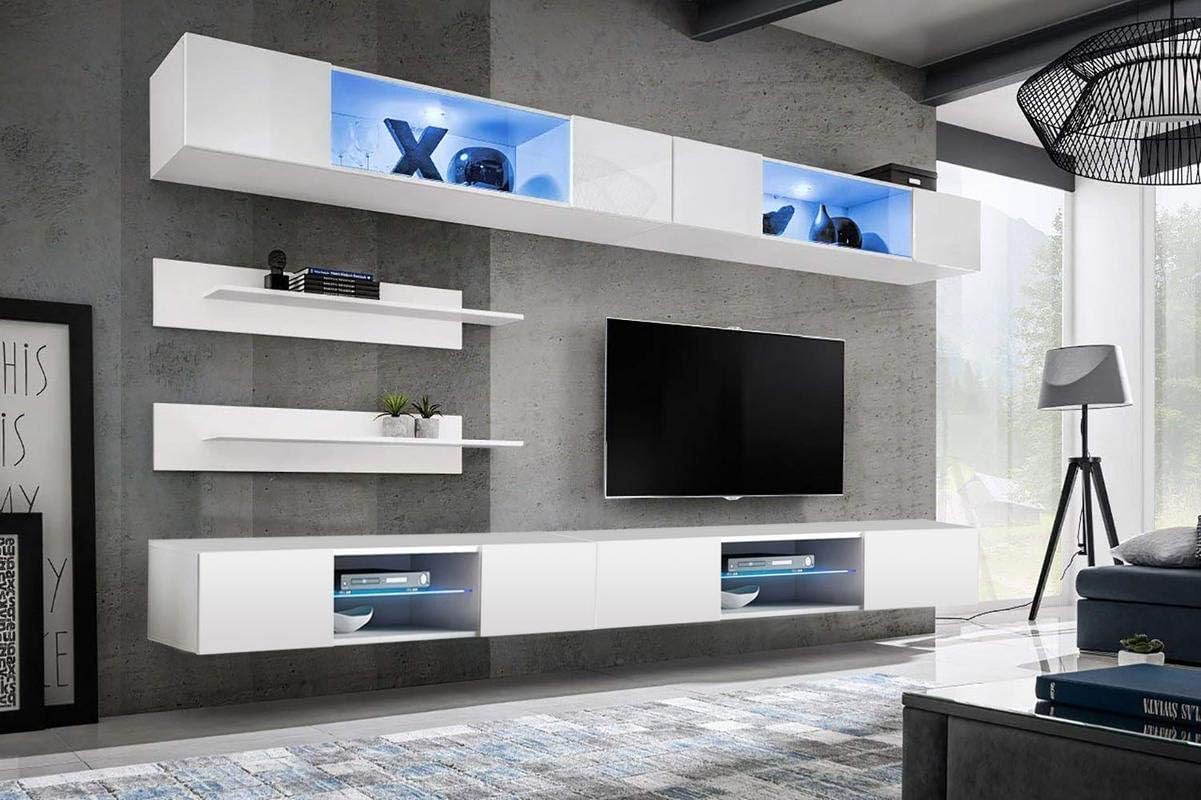 Meble Furniture Fly I3 33TV Stand Wall-Mounted Entertainment Center — Floating TV Console with Storage Shelves and LED Lights, 59.1" W x 14.2" D x 15.7" H — White