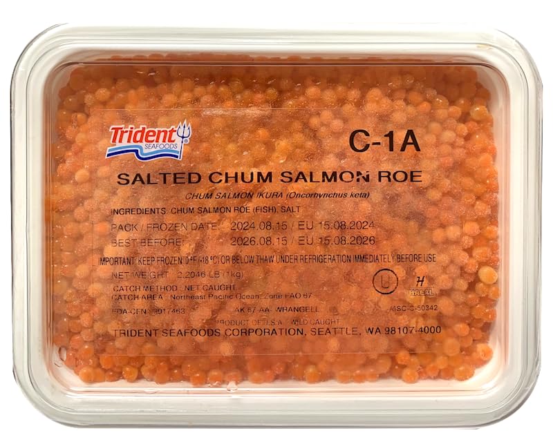 C-1A Salted Chum Salmon Roe, Net Caught Alaskan Salmon Red Caviar, Trident Seafoods, Kosher & Halal Whole Salmon Ikura (Oncorhynchus Keta), 1kg/2.2lb