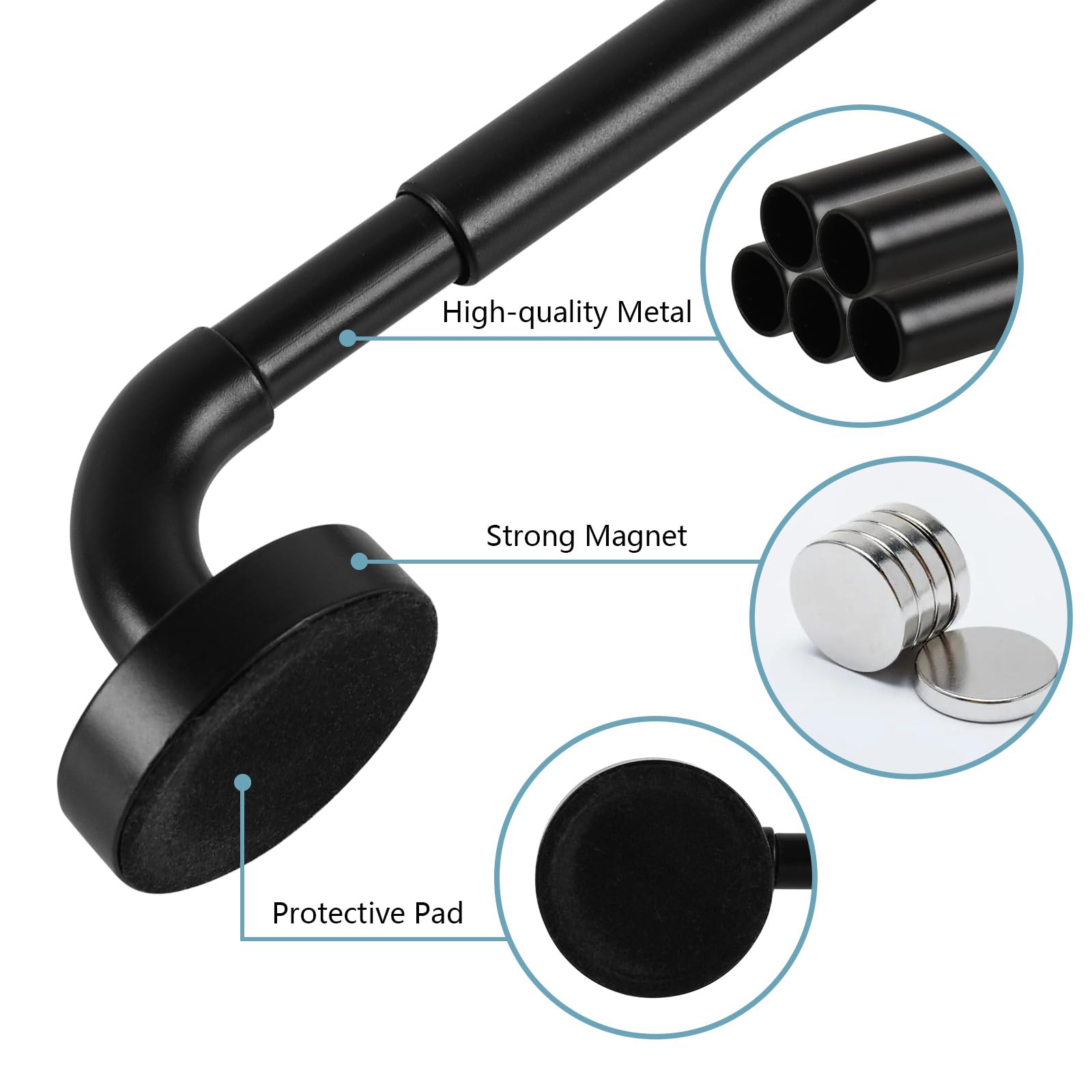 TYRON 2 Pack Magnetische Gardinenstange für Tür Verstellbar 12-18 Zoll 3/8 Zoll Durchmesser Gardinenstangen ohne Bohren Kleine Haustür Magnetstangen (Schwarz)