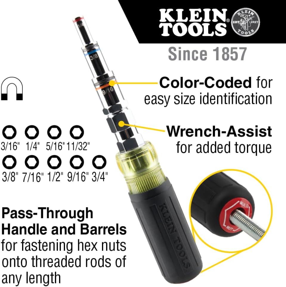 Klein Tools 32809MAG 9-in-1 Multi-Nut Driver Tool, Magnetic SAE Pass Through Driver with Hex Nut Sizes 3/16 to 3/4-Inch - Image 2
