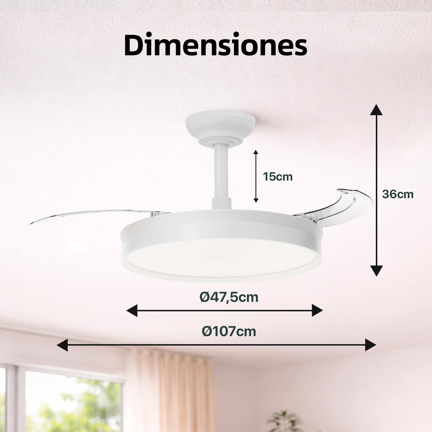 LEDUNI Ventilador de techo Blanco 72W 7590lm Aspas retráctiles Motor DC 30W Luz LED 42W Regulable Mando a distancia