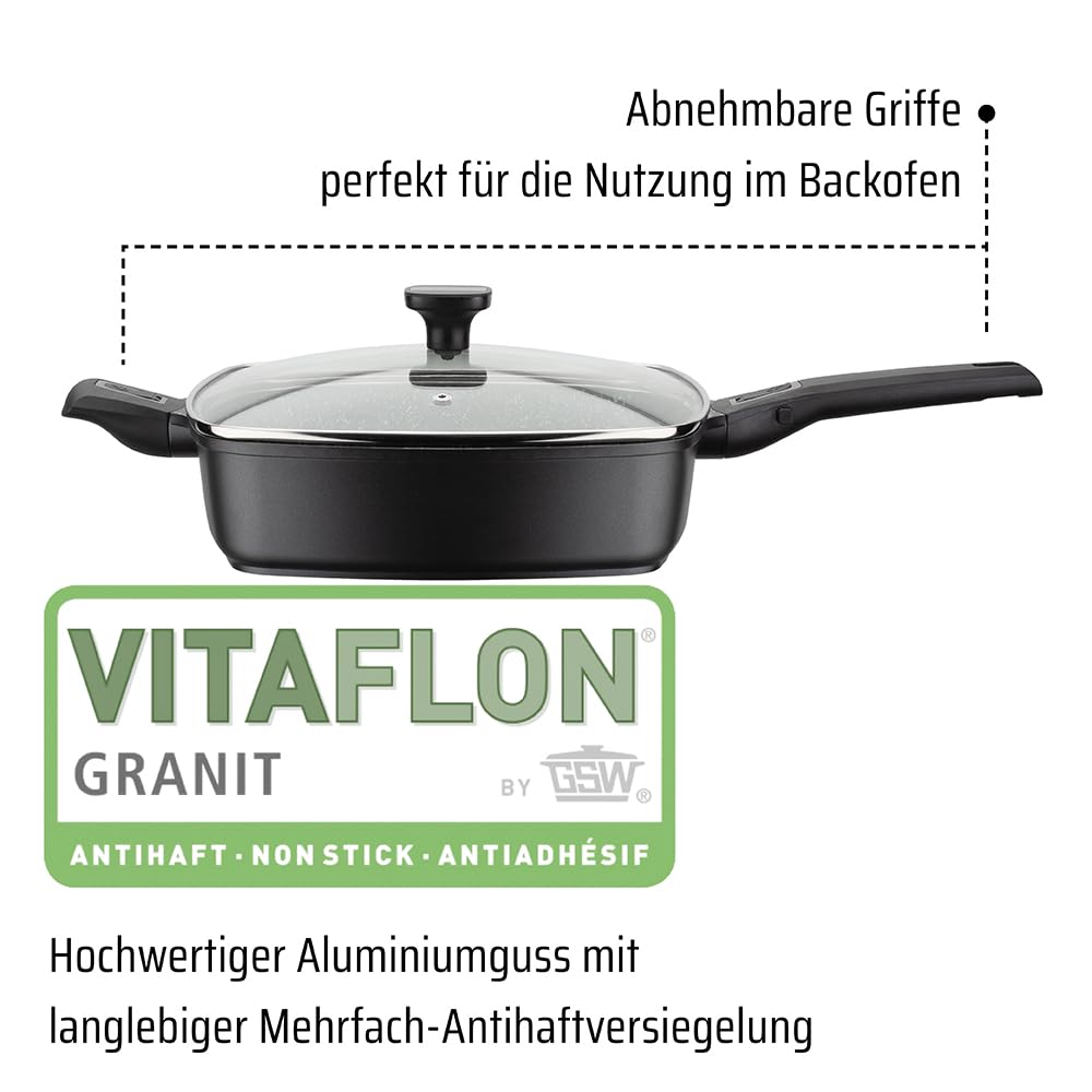 GSW 168434 Brat- und Servierpfanne EASY CLICK Quadura mit Glasdeckel und Gegengriff, Aluminium, schwarz - 28x28cm