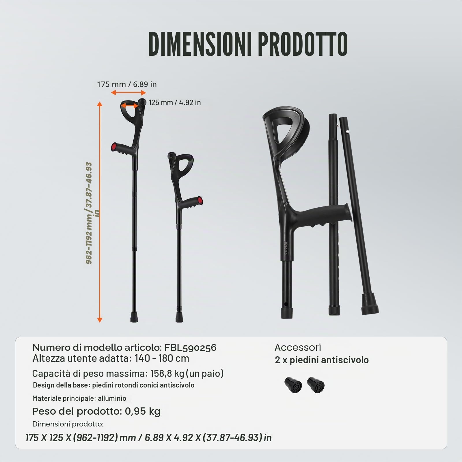 VEVOR Stampelle Pieghevoli da Avambraccio per Adulti, Stampelle con Altezza Regolabile 10 Livelli, in Alluminio Leggere con Polsino Aperto per Chirurgia Lesioni alle Gambe Disabili, 1 Paio 158,7 kg