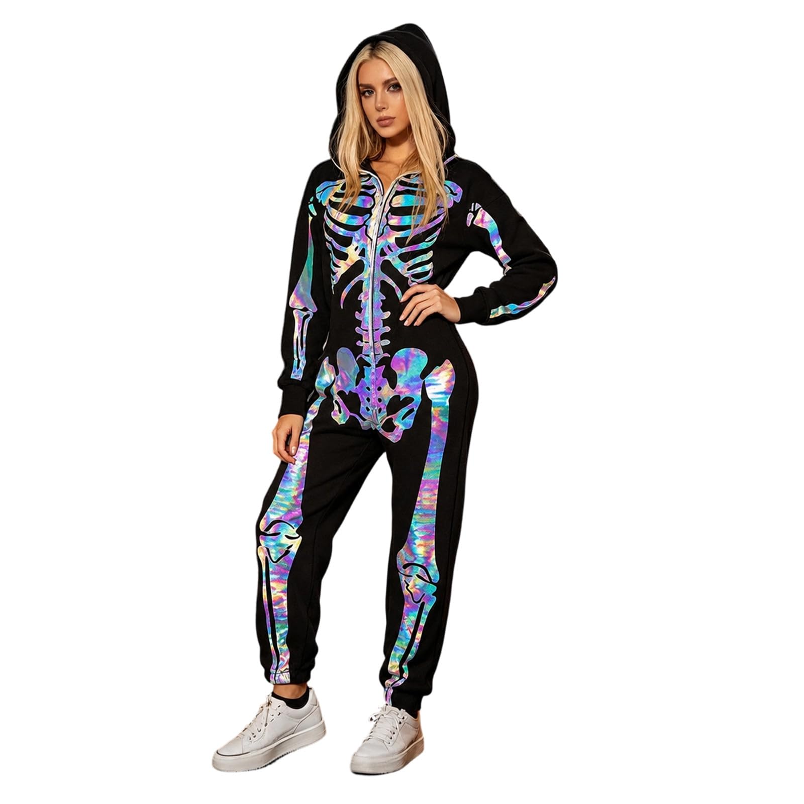 Tuta con cappuccio con stampa, stile scuro, maniche lunghe e pantaloni, abbigliamento casual