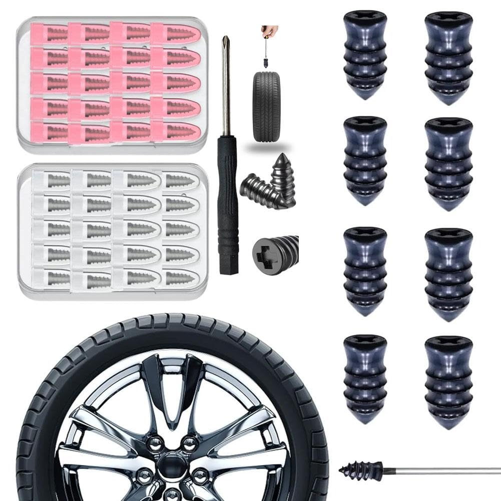 Tire Repair Rubber Nails Kit with 2 Sizes, Fast Self-Service Tires Repairs Tools, Screw in Tire Repair Plugs with Box and Screwdriver, Emergency TireRepair Tools for Car, Truck, Motorcycle, Tractor