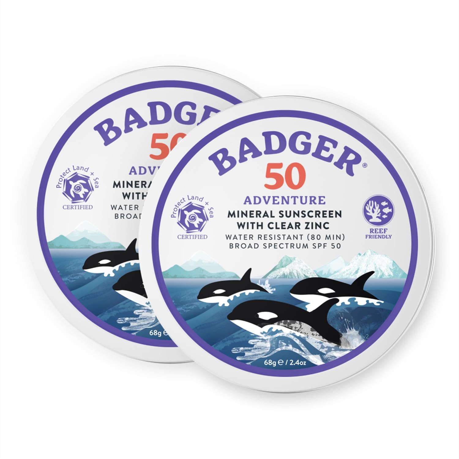 Badger Biodegradable Reef Safe Sunscreen, SPF 50 Mineral Sunscreen, 98% Organic Ingredients, Unscented, Water Resistant Adventure Sport Sun Cream, Travel Size 2.4 oz Tin, 2-Pack