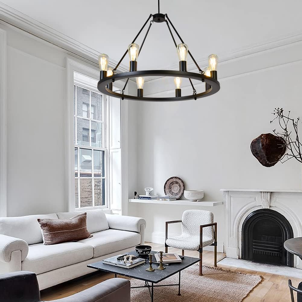 Uр Tо 40% оƒƒ OSAIRUOS Farmhouse Rustic Chandelier Antique Retro Industrial Ceiling Pendant Light Round Rod Iron Chandeliers Lighting Fixture 8-Lights for Kitchen Island Living Room W30'', Matte Black