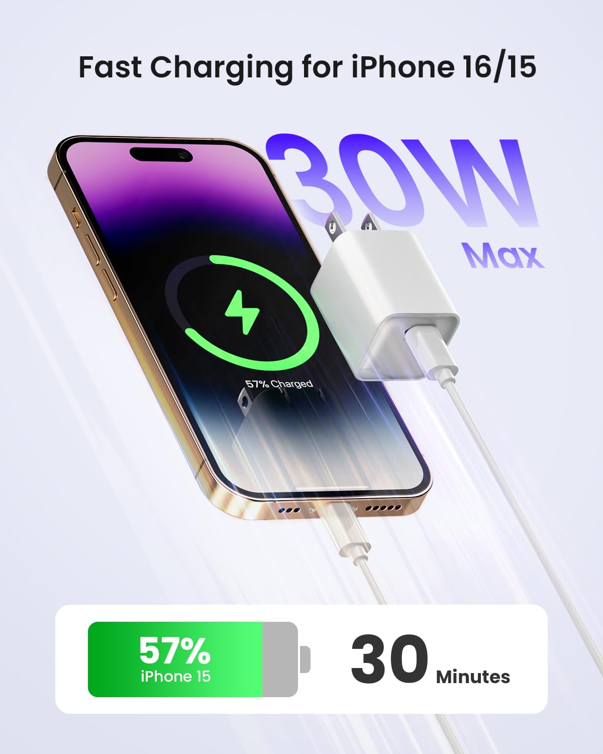 wegear 30W Fast Wall Charger, USB C Charge Block with GaN III Tech, PD3.0 PPS Foldable Charger for iPhone 16/15 and More Series, Galaxy, iPad, Compatible with MagSafe (1 Pack)