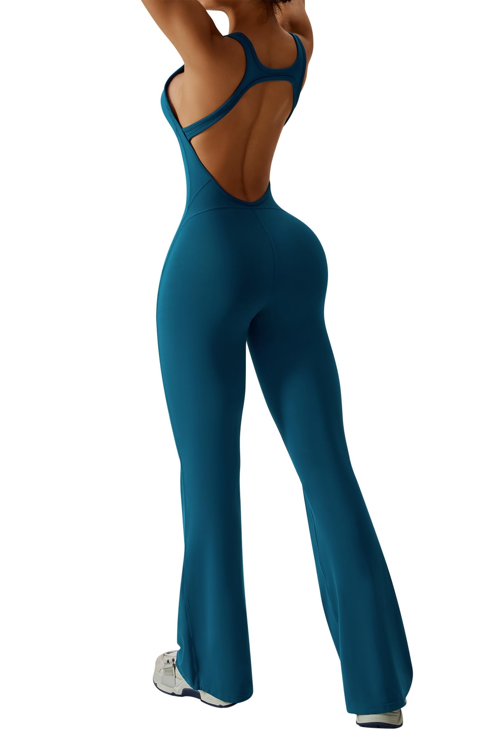 OEAK Mono acampanado para mujer, todo en uno, espalda cruzada, cuello redondo, sin costuras, acolchado, bodycon, para fitness, yoga, gimnasio, deporte, azul, L