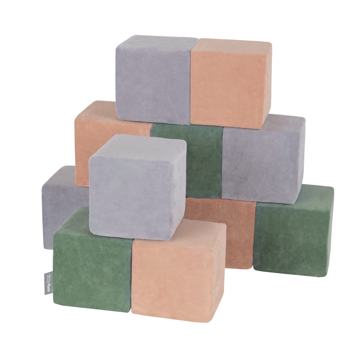 KiddyMoon Soft Foam Building Blocks For Babies & Toddlers, Washable Velvet Zip Cover, 14Cm Cubes, Sensory Toy, 12 Pieces, Cubes:Forest Green-Desert Pink- Grey Mountains โ image 1