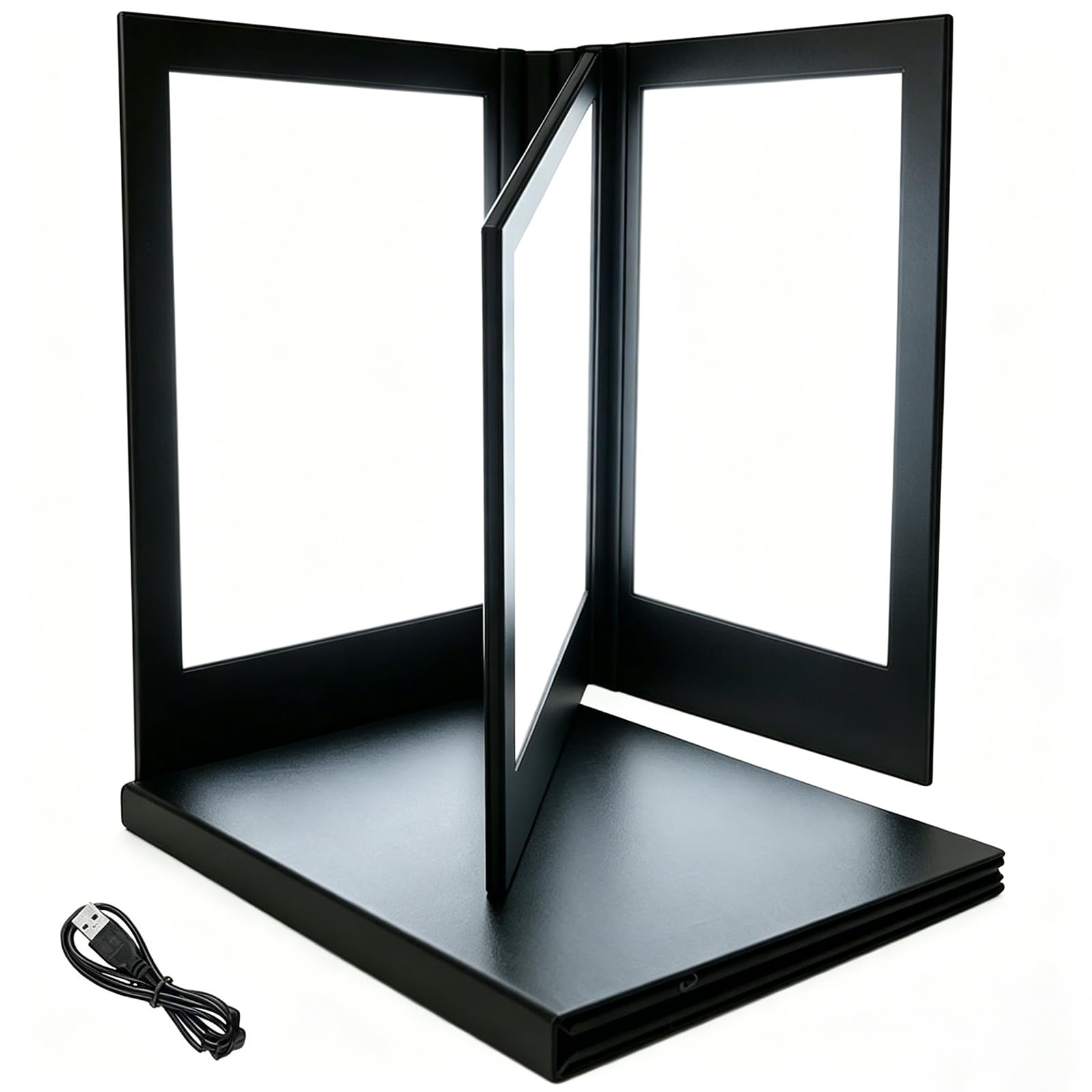 Cubiertas de Menú Luminosa A4/A5, Libro de Menú con Luz LED Recargable, Soporte de Exhibición Iluminado Plegable de Tres Paneles y Cuatro Lados, Textura de Cuero, Expositor para Bares de Restauran A4