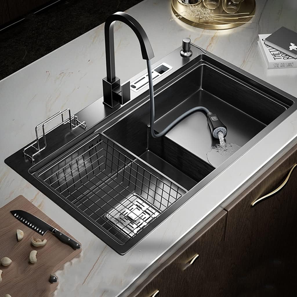 Bar Sinks Black Nano Large Capacity Double Bowl Stainless Steel Built-in Slots with Drain Strainer Center Drainage