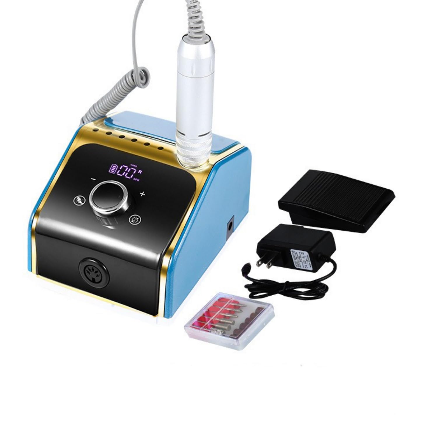 Torno para Uñas Eléctrico Profesional Lima de Uñas Eléctrica Portátil Recargable Drill para Uñas 35000 rpm Kit de Manicura y Pedicura Con Pedal + 6 Brocas Lima para Salón y Uso Doméstico-Blue