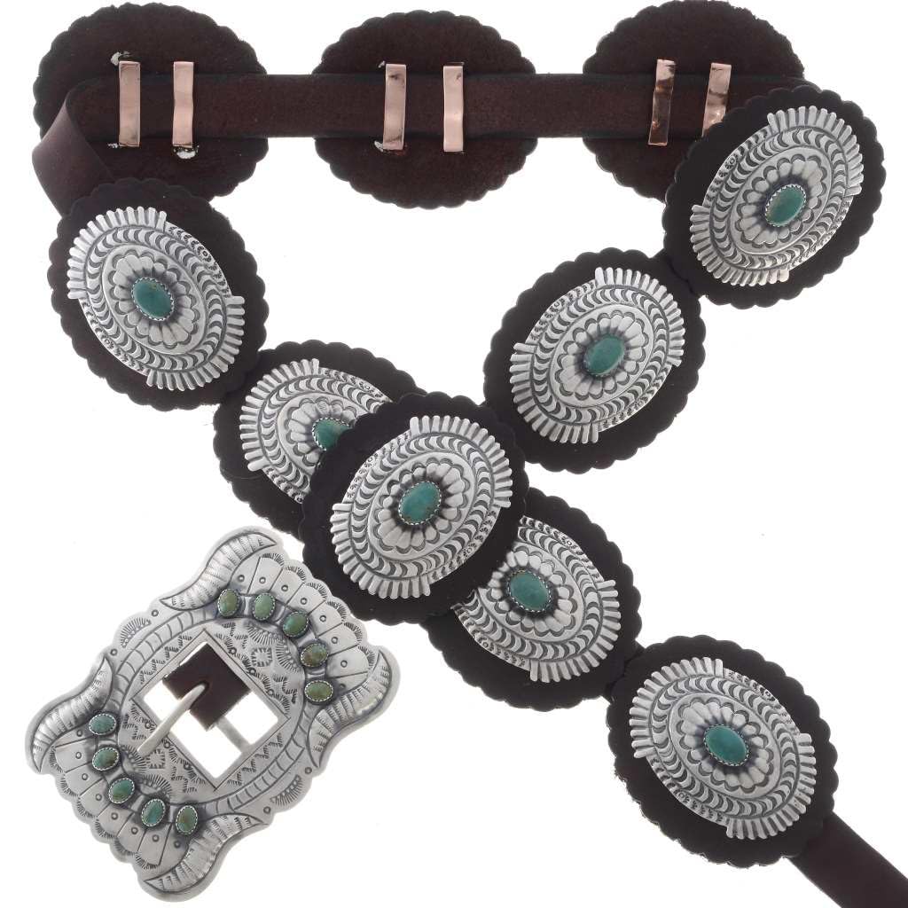 Alltribes Navajo Turquoise Sterling Concho Belt Santa Fe Style on Custom Sized Genuine Leather 0148