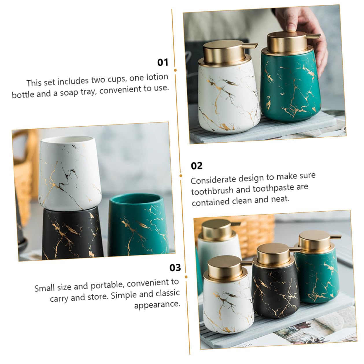 DOITOOL Juego de Recipientes de Cerámica para Baño 4 Piezas Mate Diseño Mármol Incluye Porta Cepillos de Dientes Vaso para Enjuague Bucal Jabonera y Frasco para Loción Adecuado
