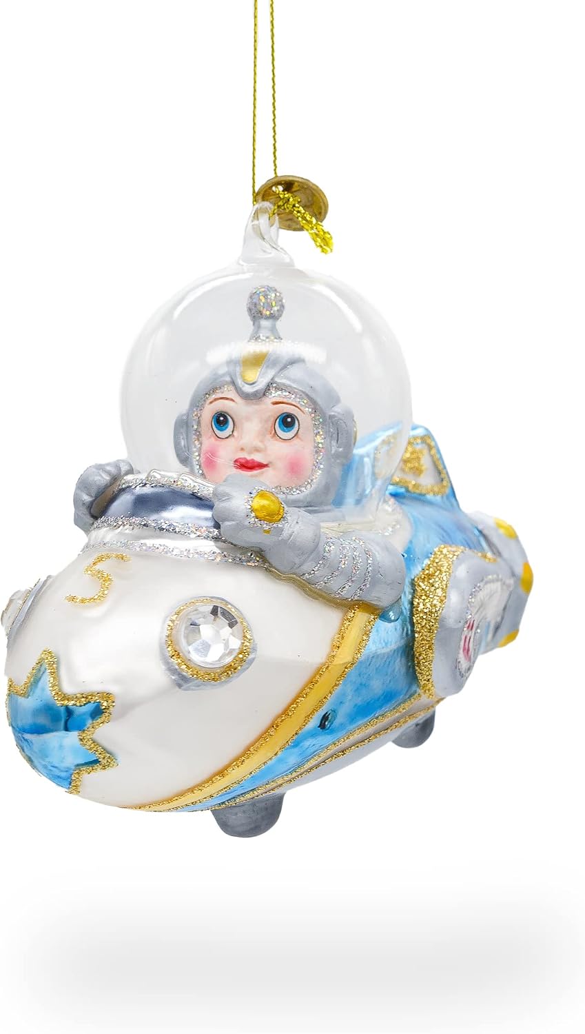 Astronaut Driving Spaceship Glass Christmas Ornament