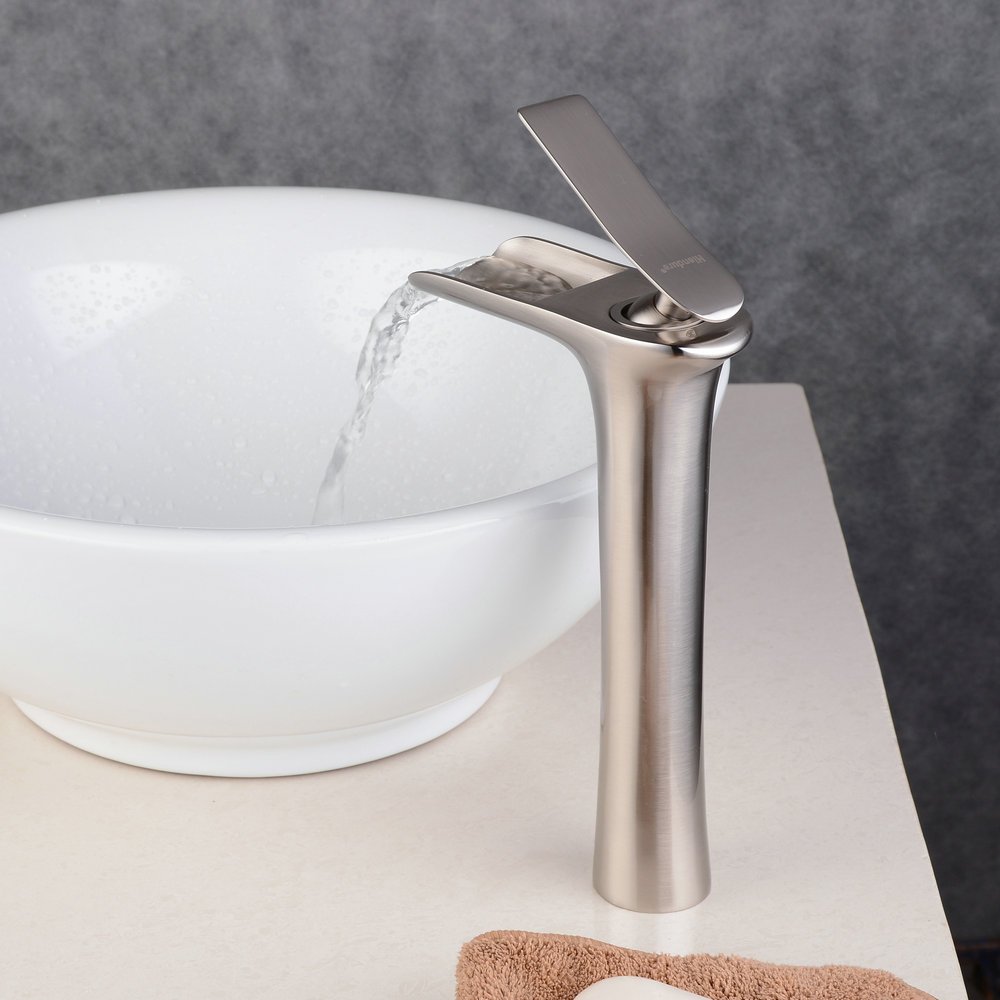 Beelee BL9009NH Miscelatore Rubinetto Bagno Cascata con Corpo alto, Monocomando Rubinetto per lavabo in ottone massiccio, Finitura Nichel Spazzolata