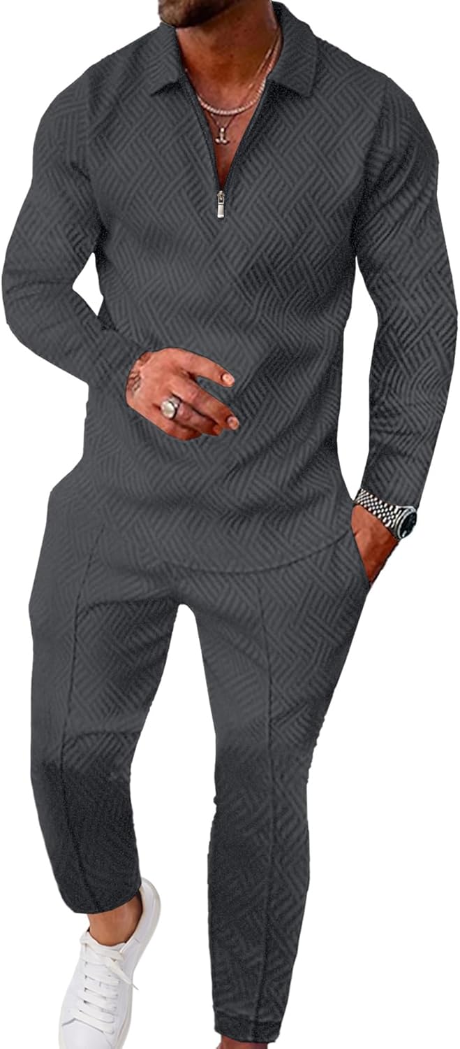 UOUA Mens 2 Piece Set Casual Outfits Polo Long Sleeve Shirt & Pants Tracksuit Loungewear Athletic Jogger Sweatsuit