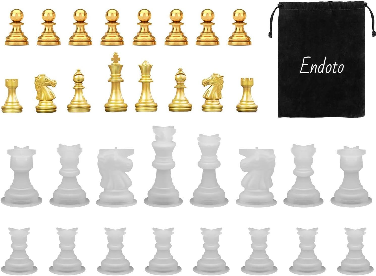 Endoto Resin Chess Pieces Mold Set, 16 Pieces Full Size 3D Silicone Chess Molds Kit for Epoxy Resin Casting, Family Party Board Games and Home Decoration