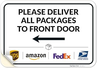 Package Delivery Sign & Instructions Deliver All Package to Front Door Left Arrow, 10x7 Inches, 4 Mil Vinyl Decal Stickers Weather Resistant, Made in USA