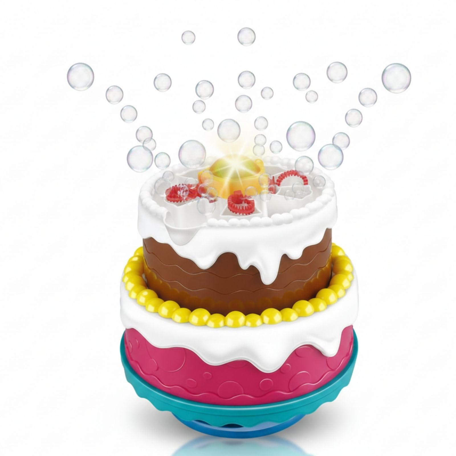 alldoro 60612 Bubble Fun Party Cake con macchina per bolle, luce, suono di buon compleanno commutabile, liquido
