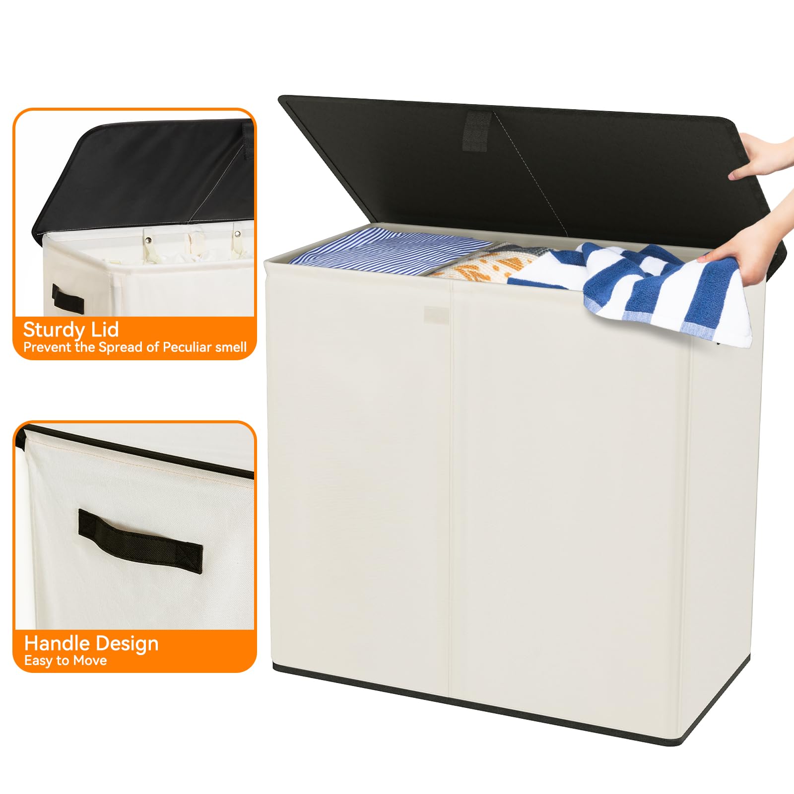WOWLIVE Wäschekorb mit Deckel, 180 l, großer Wäschekorb, 3 Abschnitte mit abnehmbaren Waschbeuteln, faltbar, wasserdicht, schmutziger Wäschekorb für Waschküche, Badezimmer, Schlafsaal, Beige