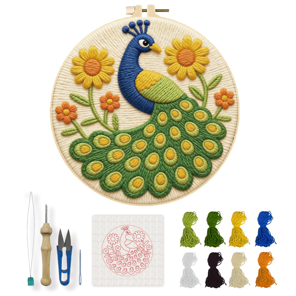 INFUNLY Peacock Sunflower Punch Needle Embroidery Kit 8.7" DIY Punch Embroidery Kit for Adults Animal Needlepoint Starter Set Round Needles Stitching Kits with Instruction for DIY Craft Lovers Gift — image 1
