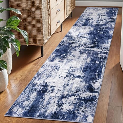 KOZYFLY Modern Abstract Rug Runner for Hallway 2x8 Navy Blue Kitchen Runner Rug Non Skid Washable Carpet Runner Laundry Room Mat Soft Fluffy Low Pile Rug for Hallway Entryway Bathroom