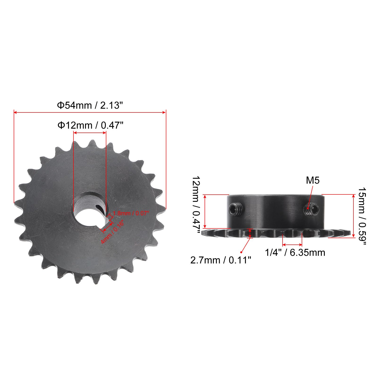Pignon Type B 25 Dents Pas 1/4" Alésage 12mm Acier C45 Noir - Rainure Clavette Vis