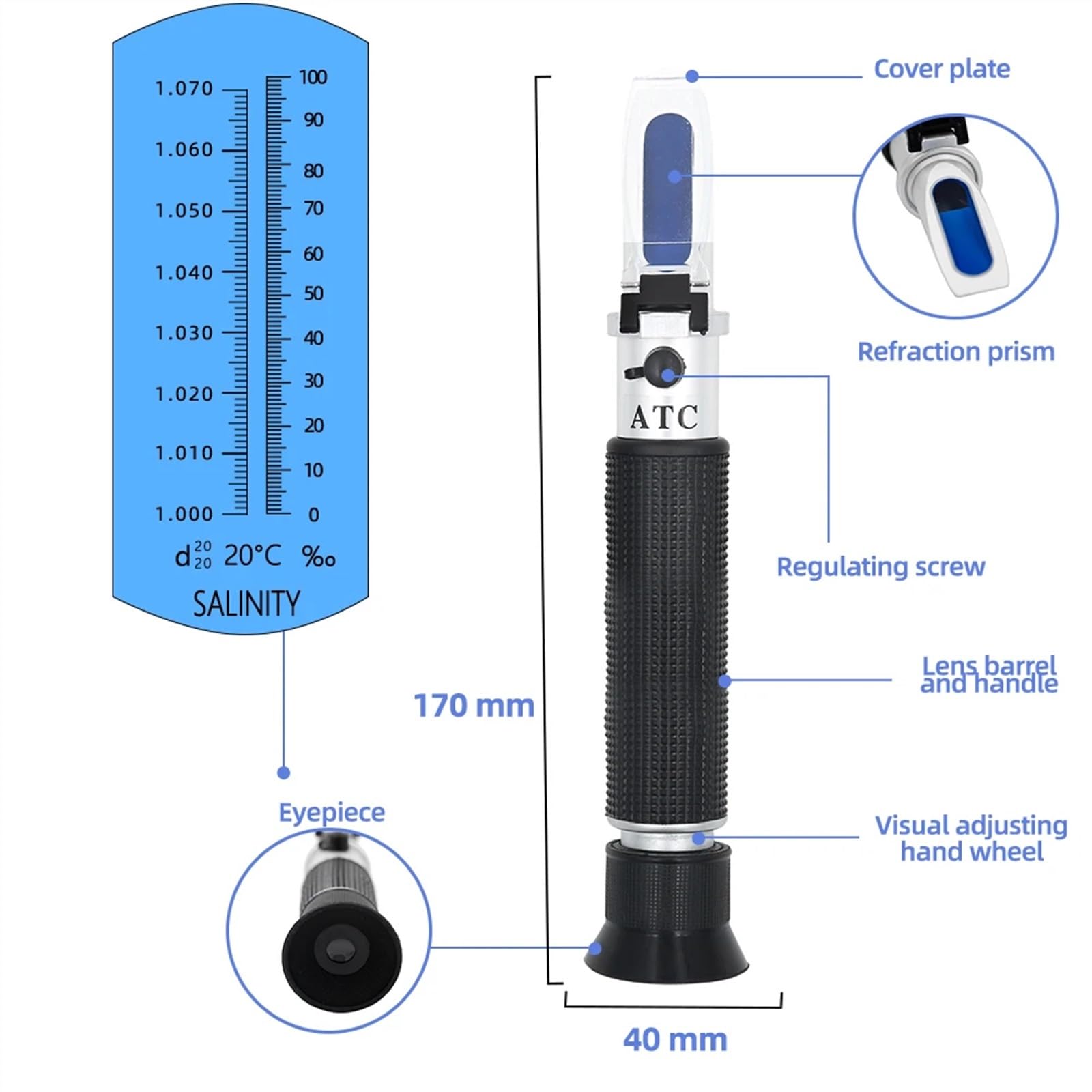 rifrattometro Rifrattometro Misuratore di salinità marina Concentrazione di acqua salata 1.000-1.070SG Acquario Palmare Maricoltura Allevamento Gravimetro 0~100%
