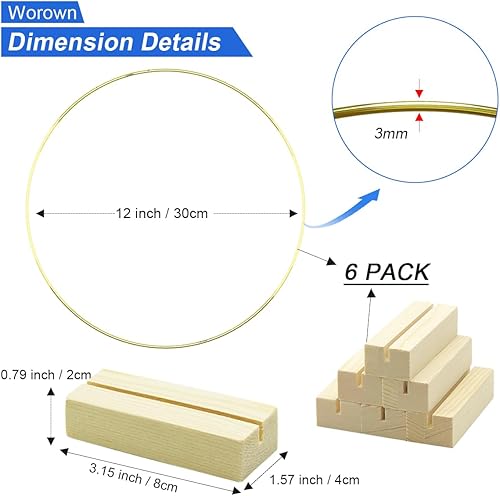 Vista 23 de Worown Paquete de 6 centros de mesa de aro floral de metal de 10 pulgadas con 6 soportes de madera para mesa, anillos de metal plateado para hacer