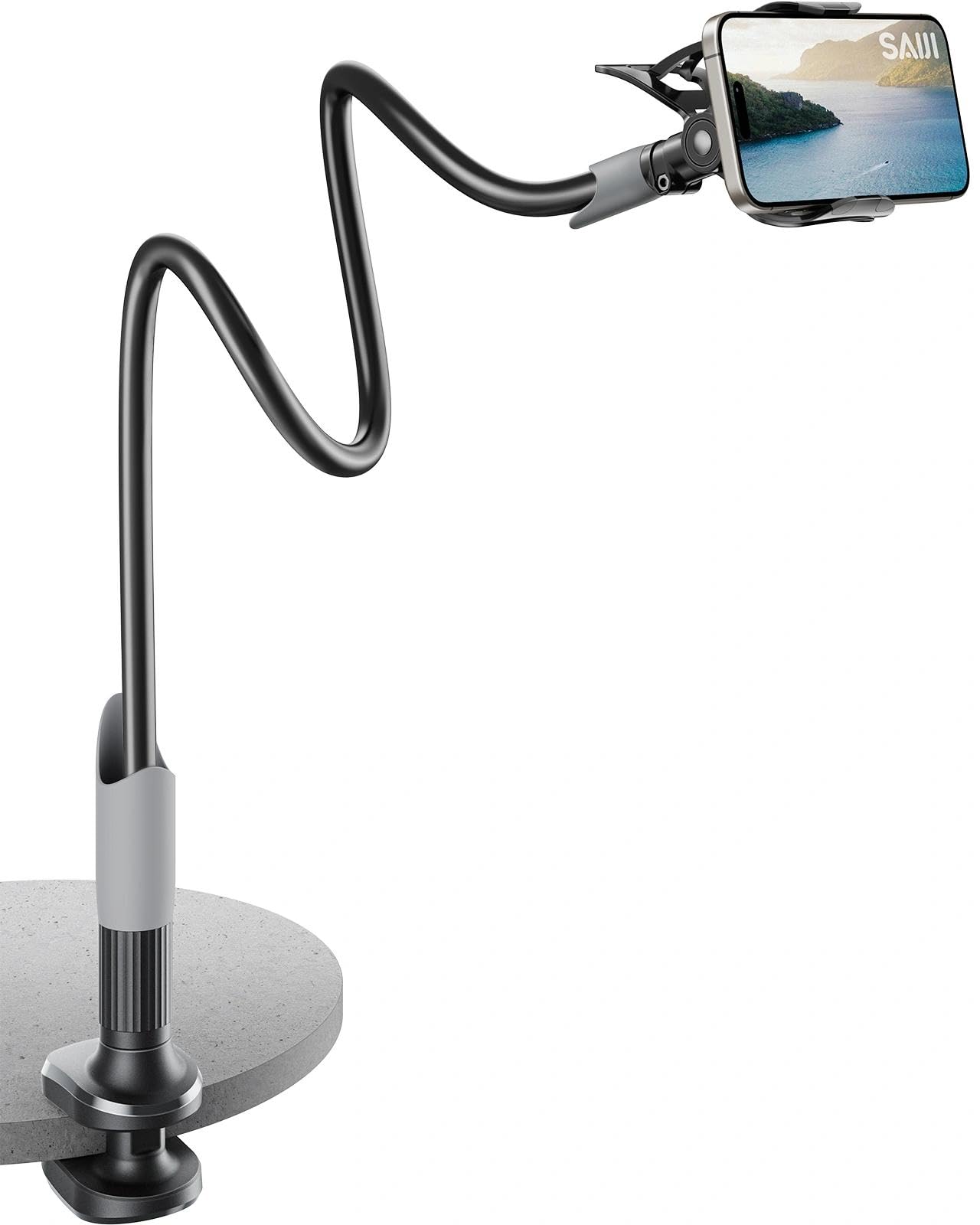 SAIJI Support de téléphone portable pour lit, col de cygne - Bras long rotatif à 360° - Pour iPhone 17, 16, 15, 14, 13, 12 Pro, écran de 4" à 7" - Noir