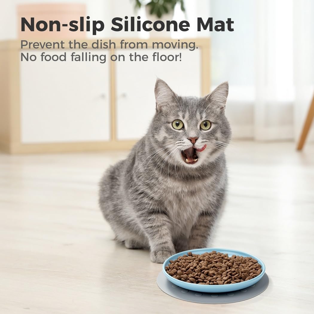 Set of 3 Cat Food Plates, Wide Ceramic Feeding Dishes for Cats and Kittens, Includes Non-Slip Silicone Pads, Whisker-Relief Shallow Bowls, Dishwasher Friendly