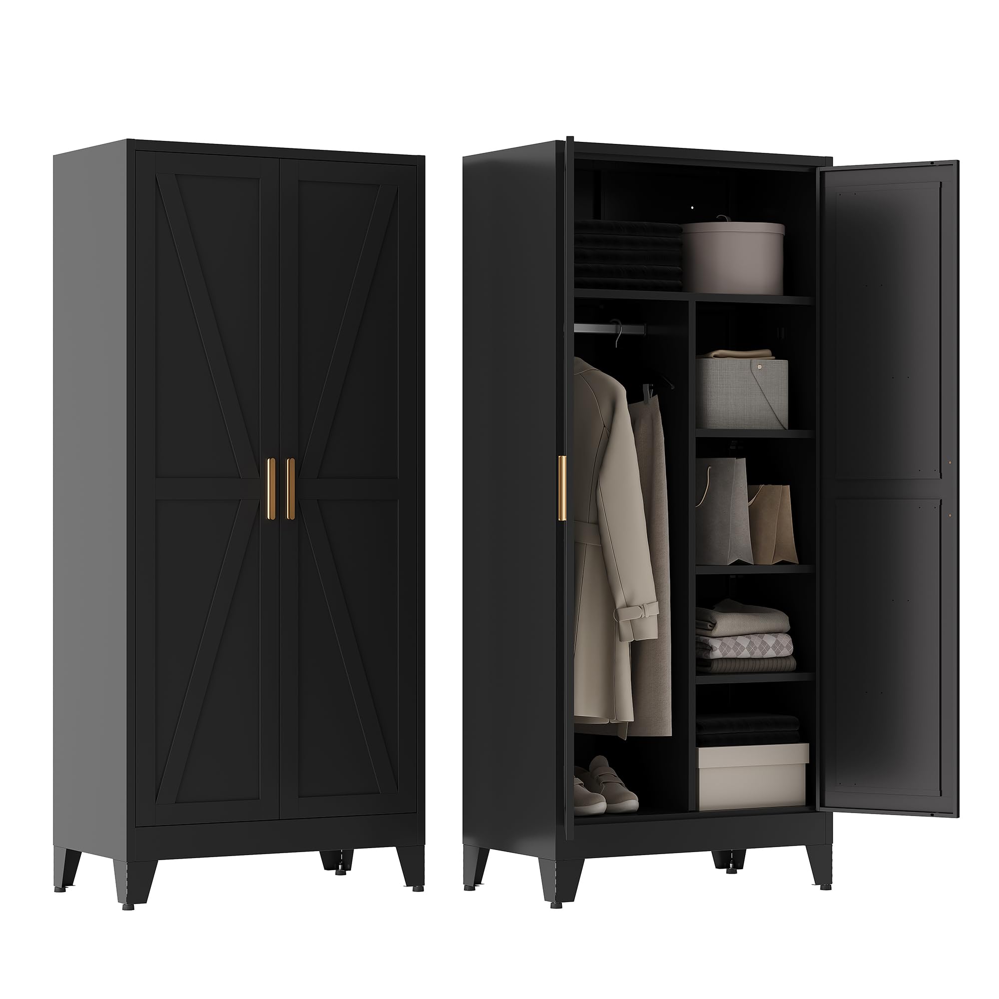 71" Metal Armoire Wardrobe Closet with Hanging Rod, Black-X 5 Shelves