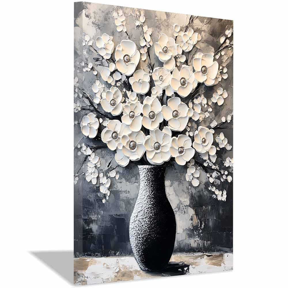 WUFIEA Semplice arte botanica Stampe su Canvas Fiori bianchi disposti in vaso per Camera da Letto Agriturismo Soggiorno Bagno(beige)-60x90cm Incorniciato