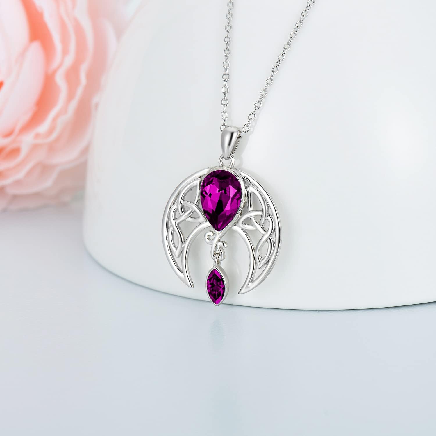 AOBOCO Sterling Silver Celtic Crescent Moon Goddess Pendant Irish Good Luck Necklace with Birthstone Crystal, Celtic Moon Jewelry Gift for Women Mom Wife - Image 2