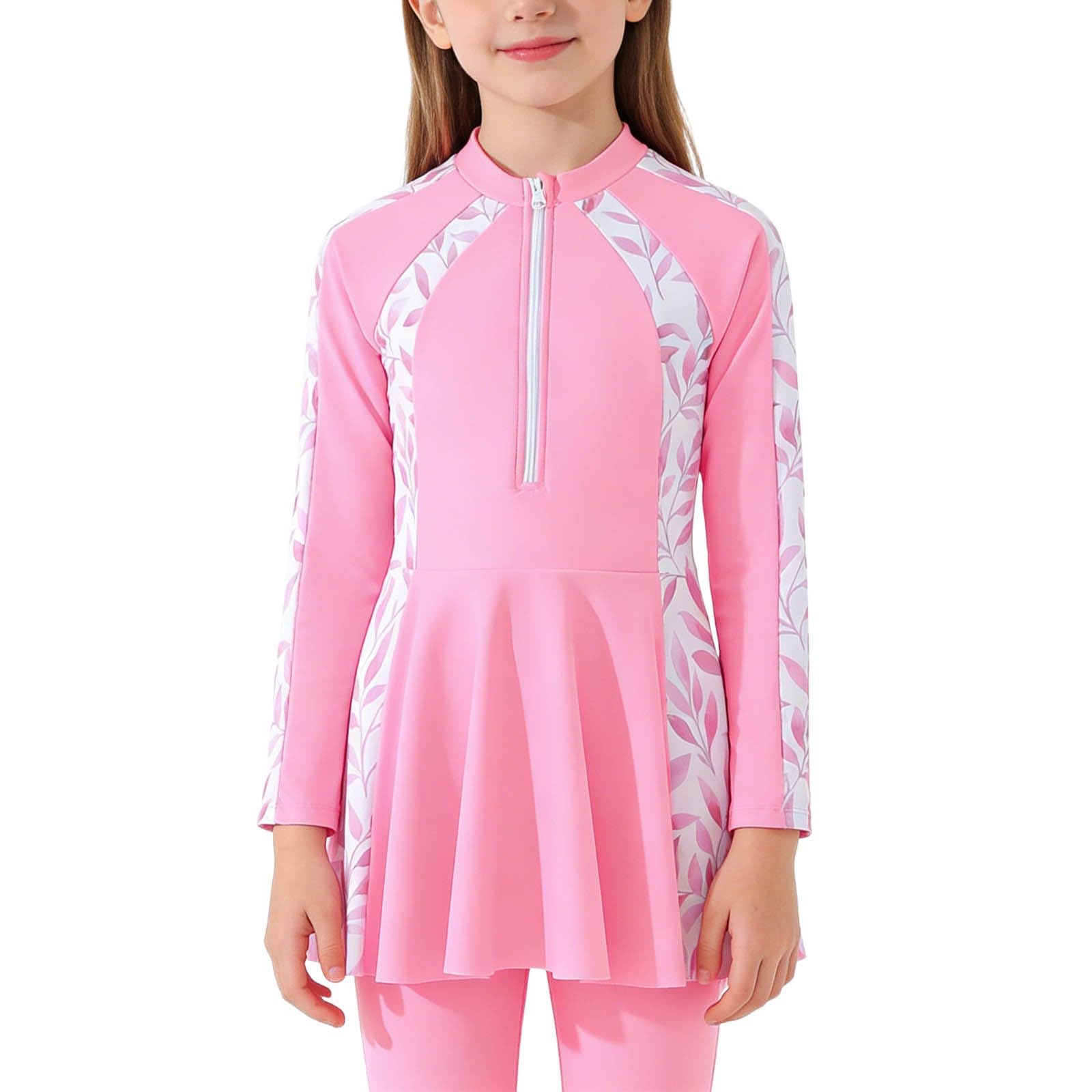 Maillot de bain 2 pièces pour fille avec protection solaire UPF 50+ - Avec motif floral et fermeture éclair à l'avant