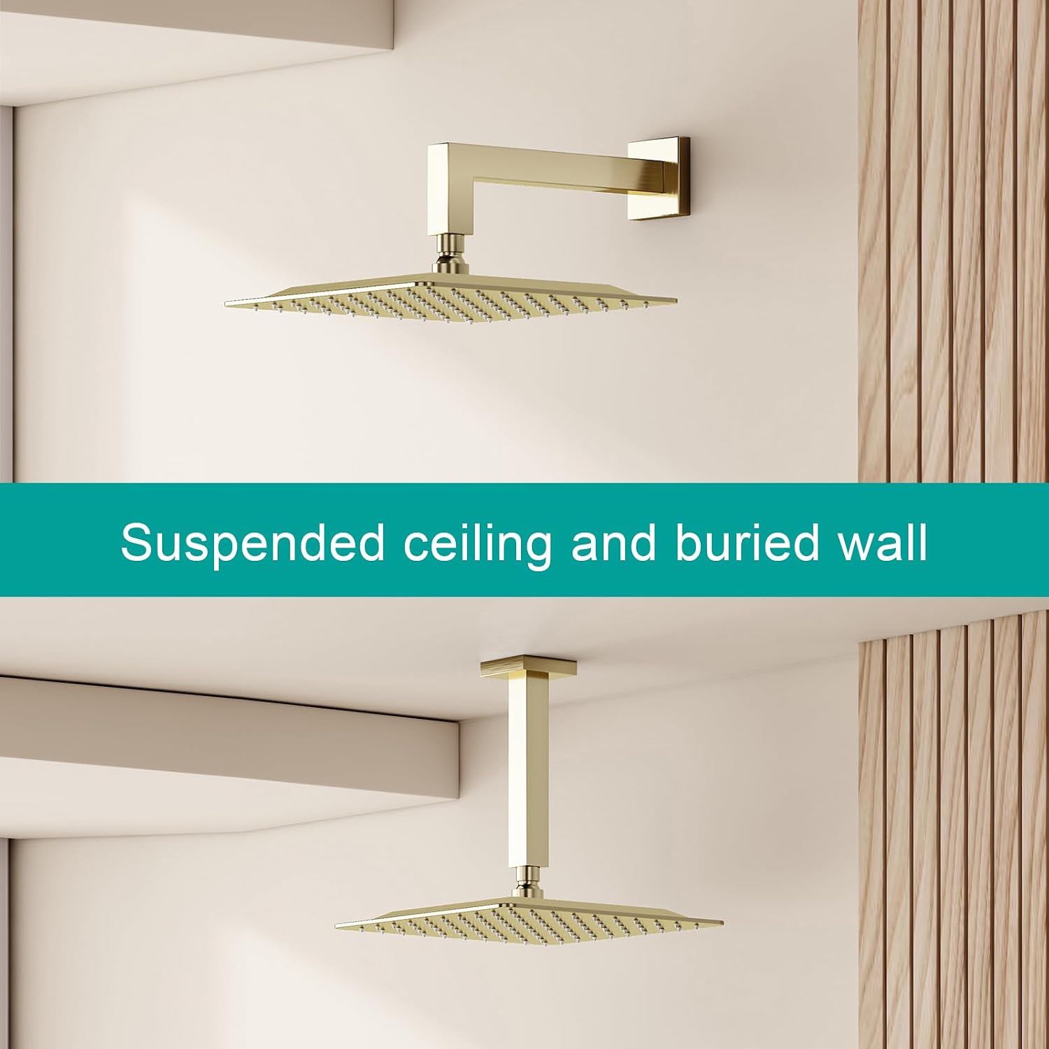 Square Rain Shower Head, High Flow Stainless Steel,Work with any decorative style，All Metal Rainfall Shower Head (Brushed Gold, 10)