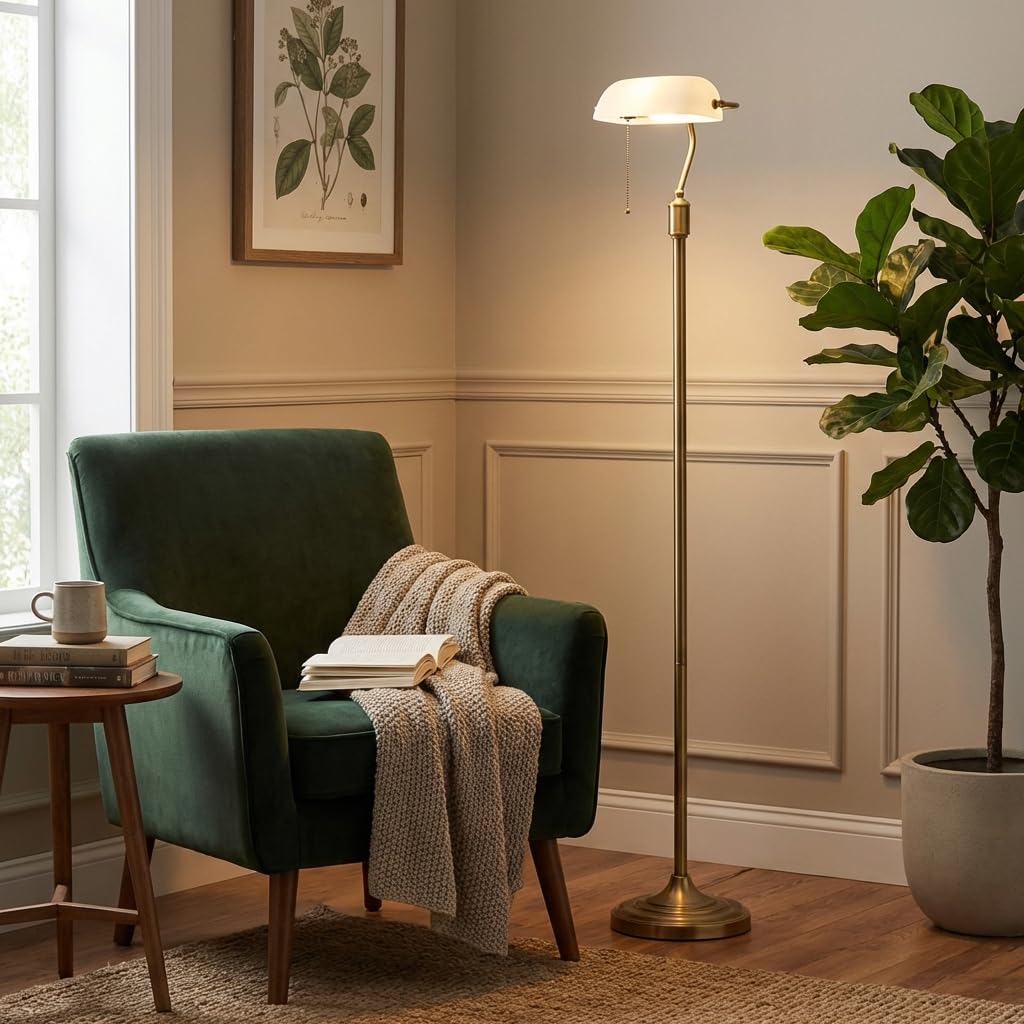 BARCELONA LED Lámpara de Pie Vintage BANQUERO E27 con Pantalla de Vidrio Blanco Orientable y Cuerpo Dorado o Cobre, Estilo Industrial Retro Moderno, Lámpara para Restaurante, Dormitorio y Escalera
