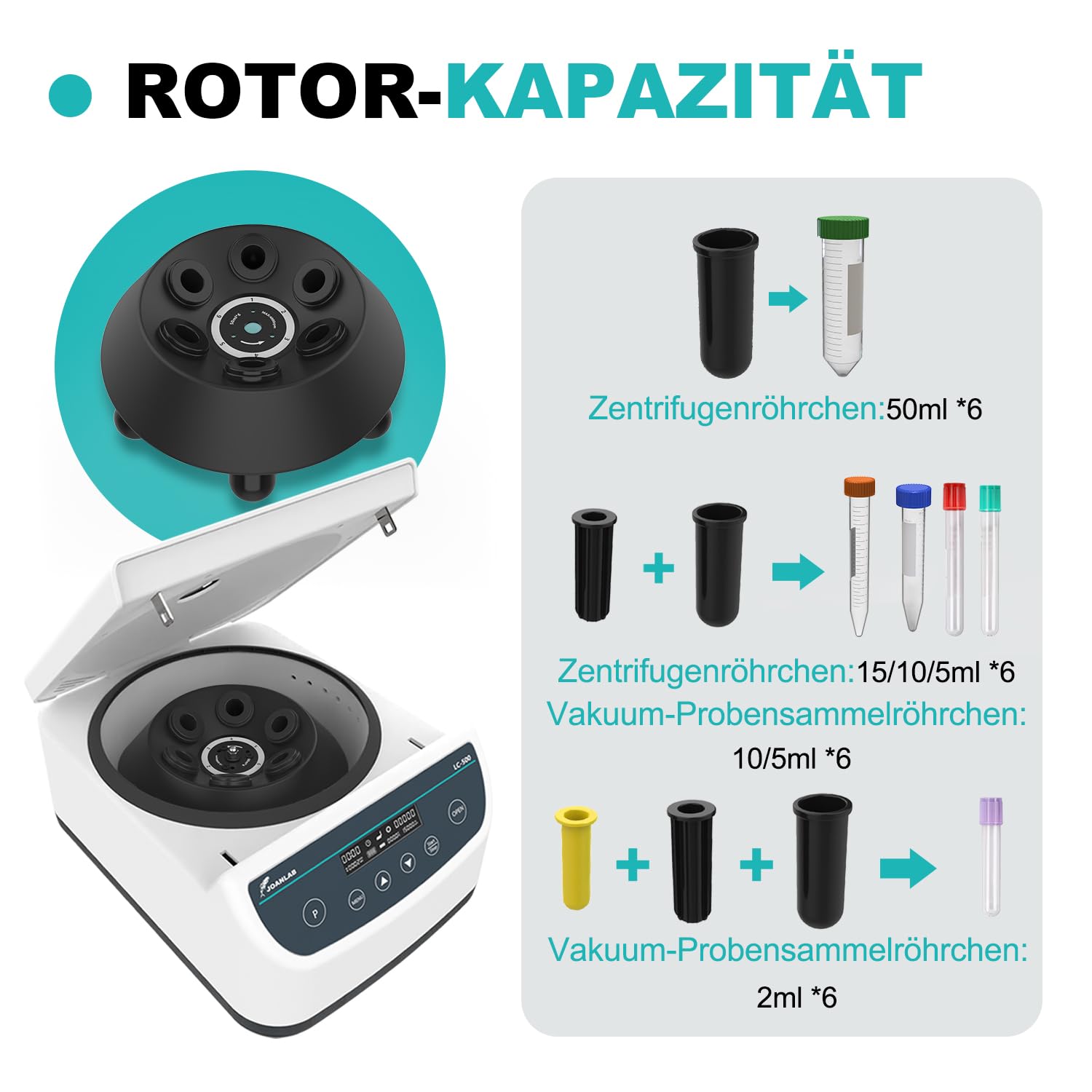 JOANLAB Laborzentrifuge, 500-4000 U/min, Max. 2146 xg, 9 Programmspeicher, Timer, für 2/5/10/15/50ml Röhrchen (6-fach Winkelrotor)