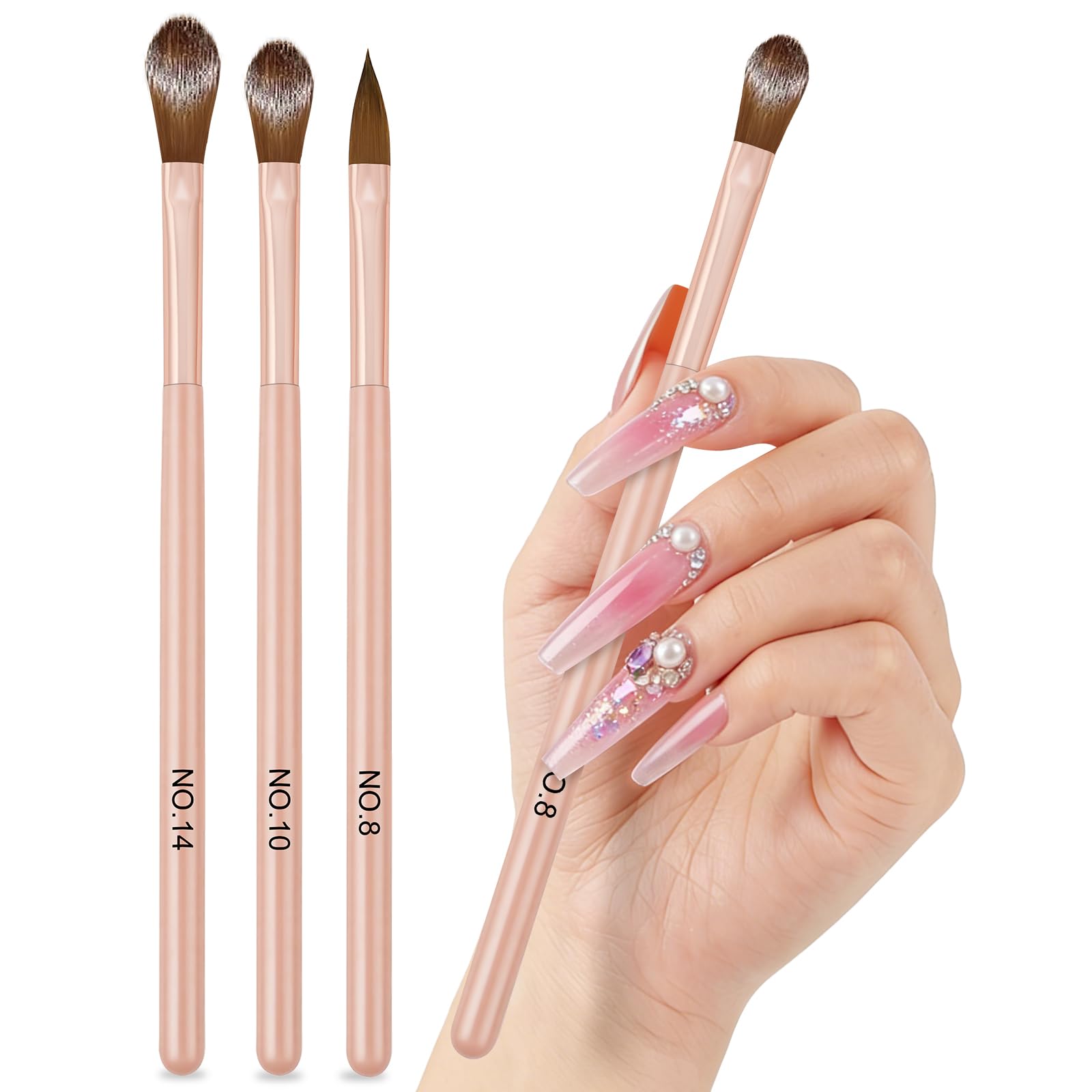 Pinceles Para Uñas,3PCS Pincel Para Uñas De Acrílico,Plumas De Arte De Uñas,Herramientas De Manicura Para Diy Diseño De Uñas,Diseño De Uñas En Gel y Manicura Profesional,Rosa