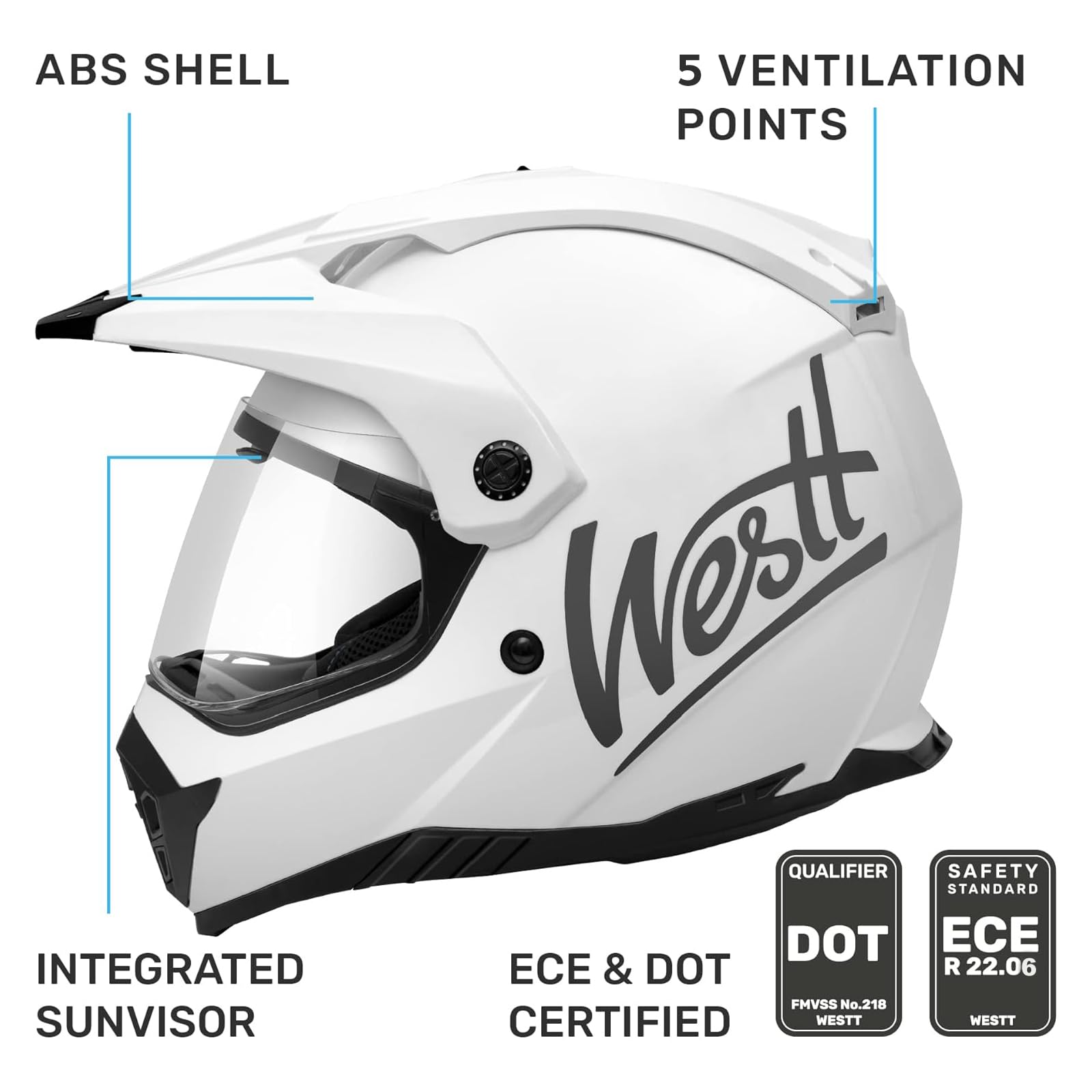 WESTT Cross X Kask motocyklowy I kask motocrossowy I kask motocrossowy z wizjerem I kask crossowy męski I kask fullface I kask MTB I kask quadowy I certyfikat ECE I Biała I L (59-60cm)
