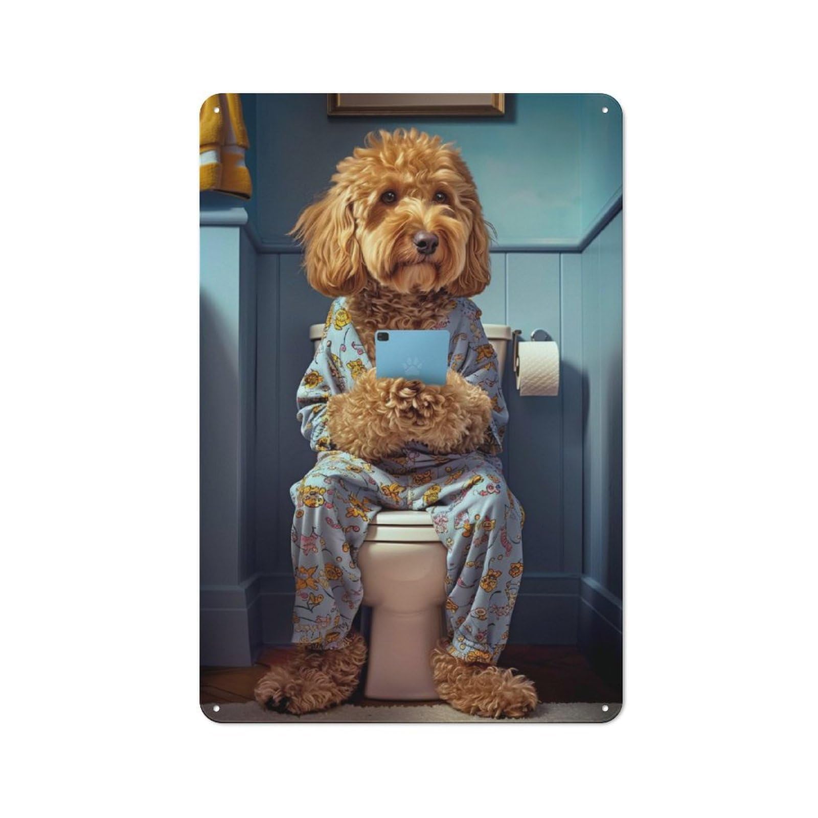 Junmoney Cockapoo On The Toilet Decorative Metal Sign 30X20cm, Creative Studio Wall Plaque For Hobby Room, Office, Lounge Or Living Room