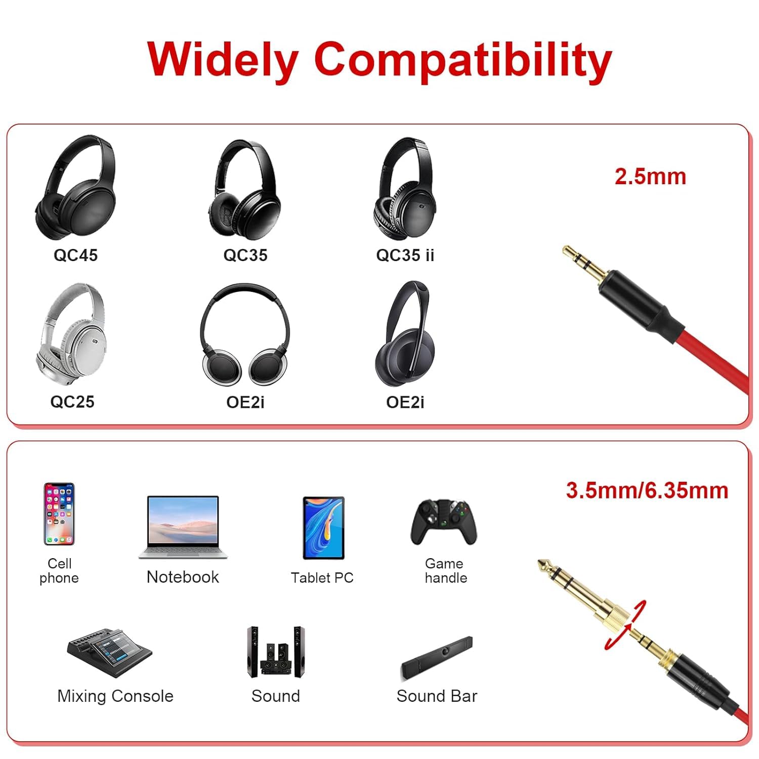 QC45 Coiled Audio Cable,Replacement Audio Cable Cord Compatible with Bose QC45/QC35/QC35 II/NC700 Headphones,2.5mm to 3.5mm(1/8") Extension Wire with 6.35mm(1/4") 6-16ft (Red) image 2