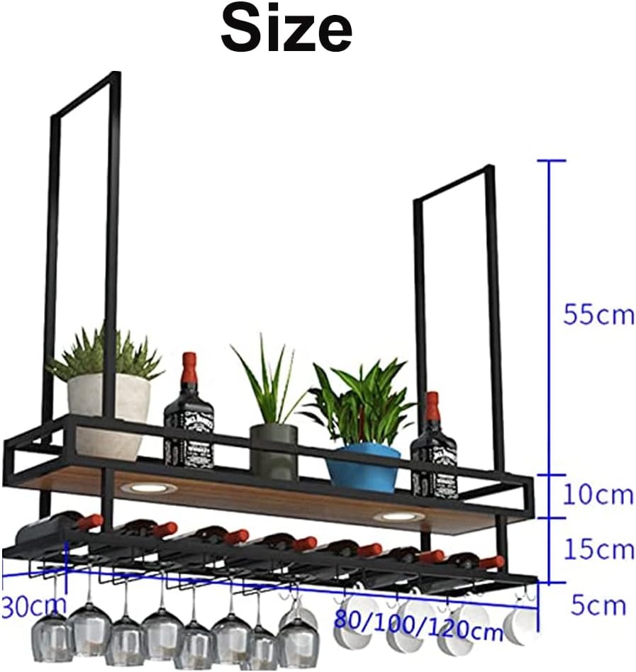 Wine Rack Wine Rack Wine Glass Rack on The Ceiling with Lights Hanging Wine Bottle Holder Wine Holder Made of Iron Ceiling Shelf for bar café Kitchen (Black 80 x 30 cm)
