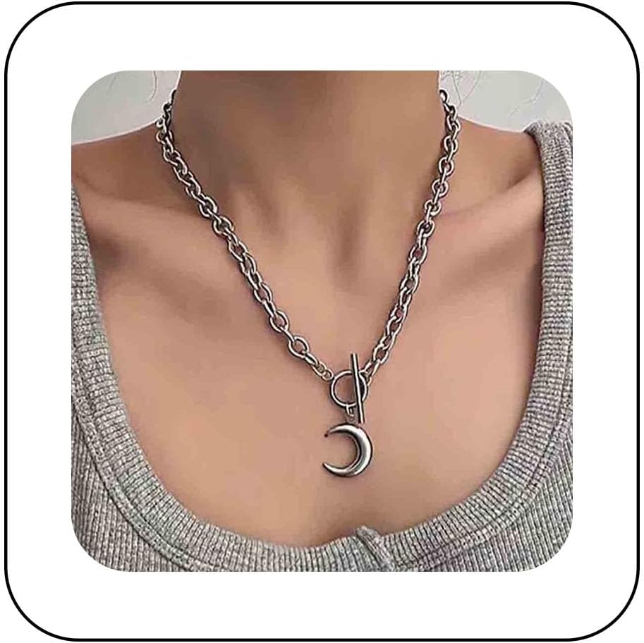 Andelaisi Boho Moon Circle Choker Necklace Vintage Silver Crescent Pendant Necklace Punk T Bar Toggle Necklace Personalized Cuban Choker Necklace Jewelry for Women