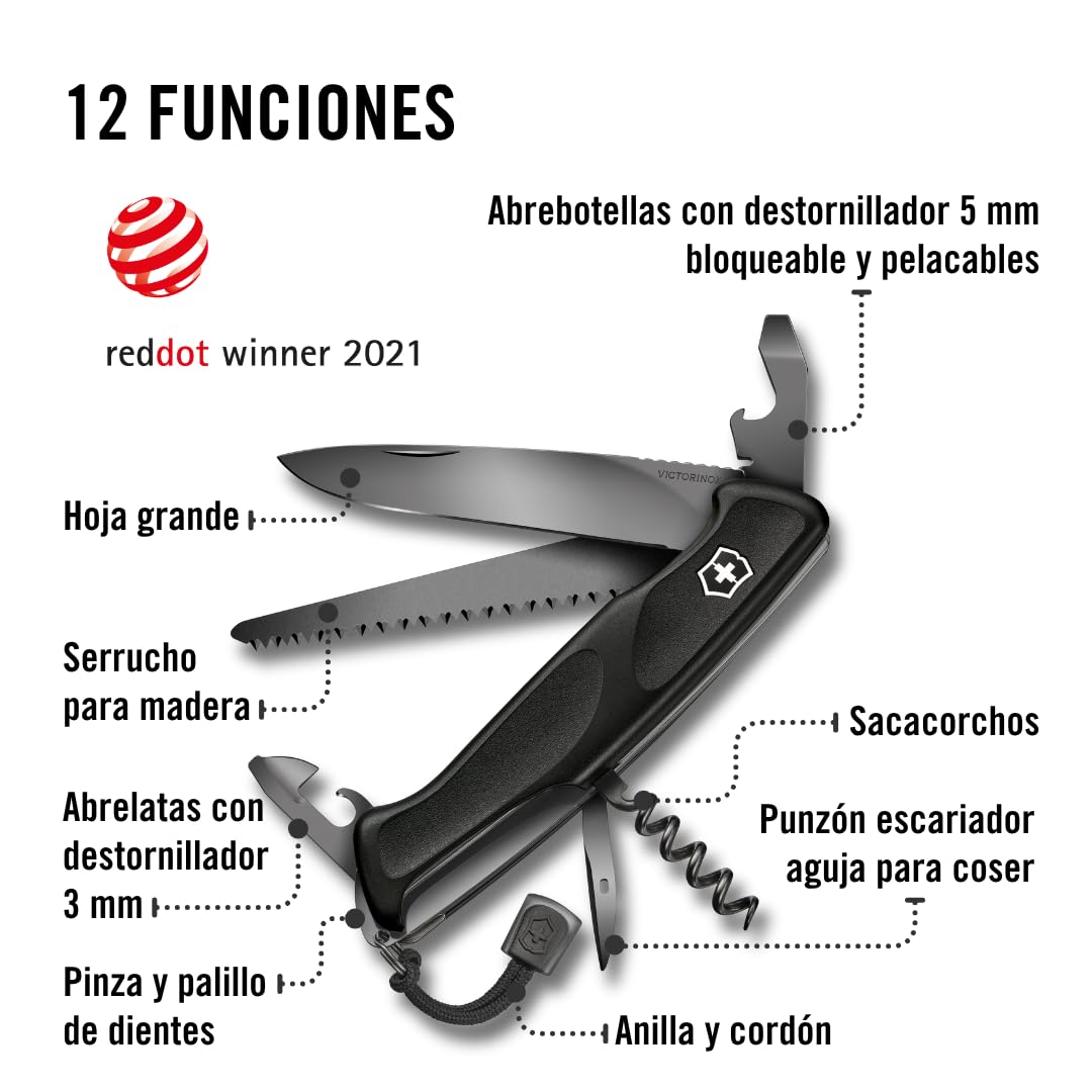 Victorinox Ranger Grip 55 Onyx Black, Navaja de 130 mm con 12 funciones, incluyendo hoja con bloqueo y sierra para madera, de color negro