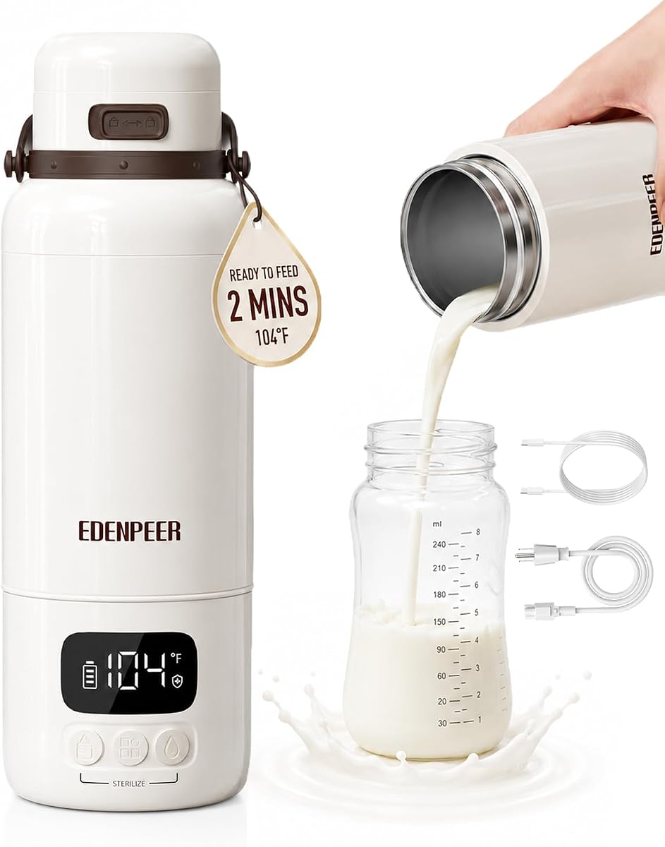 Portable Bottle Warmer for Travel | Cordless Battery & AC Powered Dual Heating | Fast Baby Milk Warmer for Breastmilk, Formula & Water | 3" Wide Mouth Easy Cleaning | 17oz Large Capacity